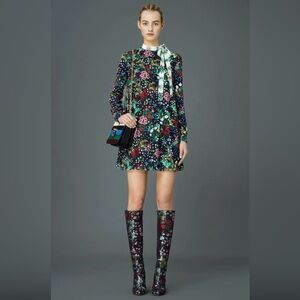 Valentino Gravani Silk Black Floral Print Mini Dress 2015 Collection 🌸